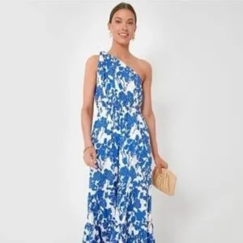 Tuckernuck Hyacinth House Blue Floral One Shoulder Sybil Maxi Dress